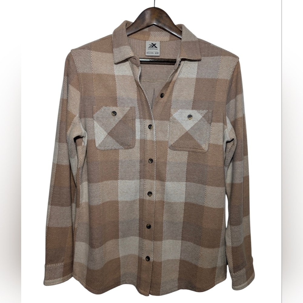 Zeroxposur Women's Small Tan Cream Checkered Button-Up Shirt Stretch Fleece Top